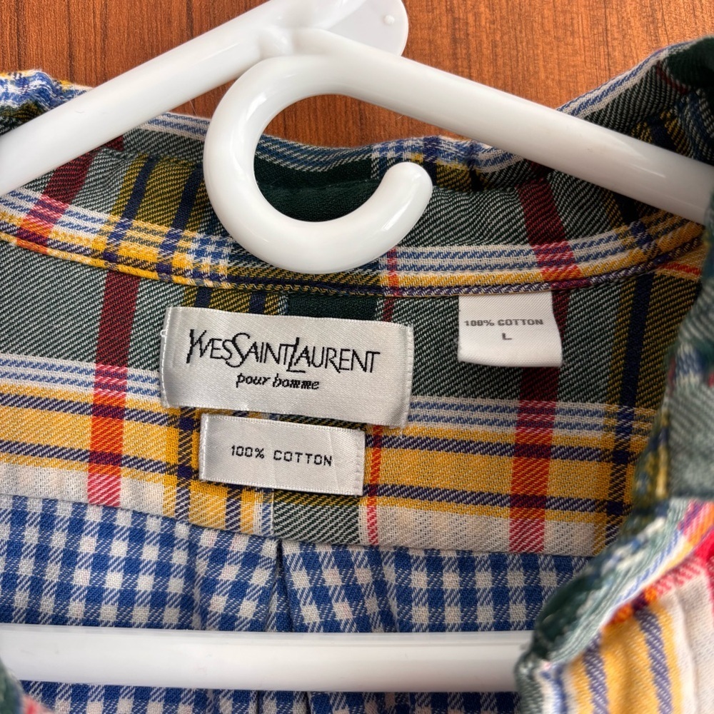 Vintage Yves Saint Laurent Pour Homme Plaid Button Down Shirt Size L 100% Cotton - Picture 2 of 16